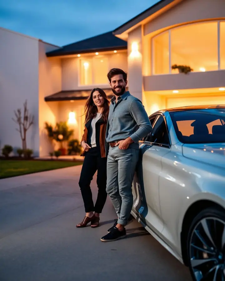 A couple standing in front of their home next to their car at dusk